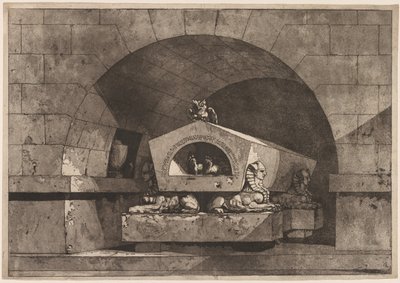 Grab mit Sphinx: Grabdenkmal mit einer Eule auf einem Sarkophag, unterstützt von einer Sphinx von Louis Jean Desprez