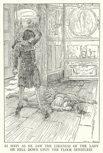 Sobald er das Abbild der Dame sah, fiel er bewusstlos zu Boden von Louis John Rhead