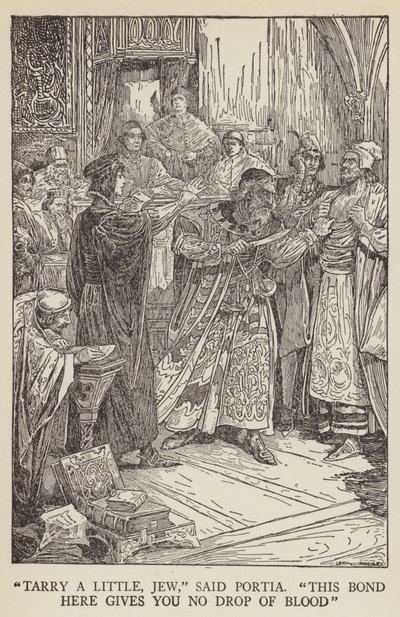 Warte ein wenig, Jude, sagte Portia, Dieser Vertrag gibt dir keinen Tropfen Blut von Louis John Rhead
