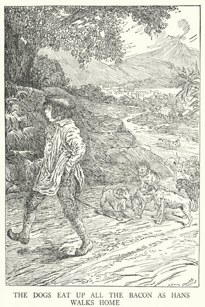 Die Hunde fressen den ganzen Speck auf, während Hans nach Hause geht von Louis John Rhead
