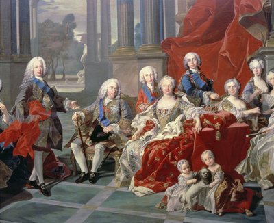 Die Familie von Philipp V. von Spanien (1683-1746) Detail, das den König, seine zweite Frau Elisabeth Farnese und den zukünftigen Ferdinand VI. zeigt von Louis Michel van Loo