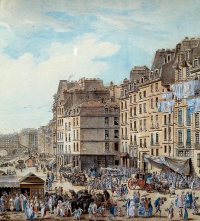 Maritimes Leben an den Docks des Hafens in Paris im Jahr 1782. Penichen und kommerzielle Aktivitäten an der Seine. Detail. Zeichnung von Louis de Lespinasse (1734-1808) 1782 von Louis Nicolas de Lespinasse