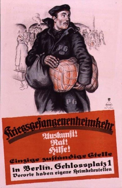 Deutsches Plakat, das zurückkehrende Kriegsgefangene berät, wohin sie sich wenden können von Louis Oppenheim