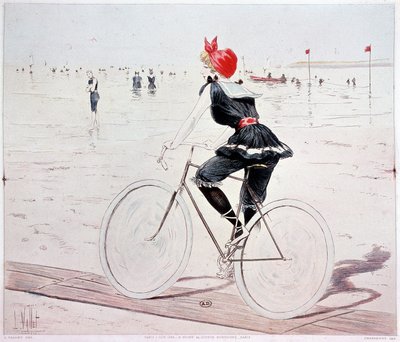 Frau auf einem Fahrrad am Strand - Zeichnung von L. Vallet von Louis Vallet