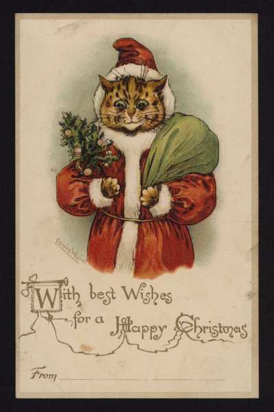 Katze als Weihnachtsmann, Weihnachtsgrußkarte (Chromolithographie) von Louis Wain