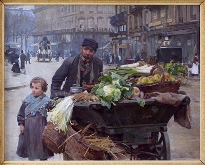 Der Händler der vier Jahreszeiten in Paris. Hinter ihm das Hotel du Louvre (1. Arrondissement). Gemälde von Louis Marie de Schryver (1862-1942) von Louis de Schryver