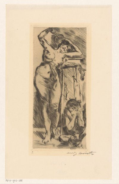 Weiblicher Akt mit Fächer in der Hand und rechts von ihr eine zusammengekauerte Figur von Lovis Corinth (signed by artist)
