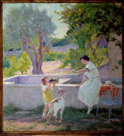 Madame Prat und ihre Tochter im Garten mit der kleinen Ziege von Loys Prat