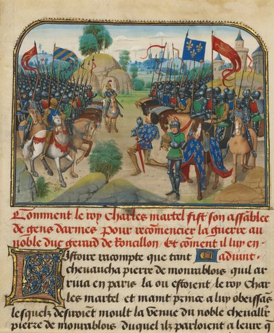Die Armeen von Frankreich und Burgund mit Martel im Gebet von Loyset Liedet