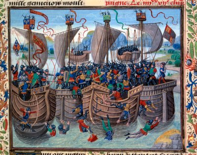 Ansicht der Schlacht von Guernsey zwischen Franzosen und Engländern im Jahr 1342 (Miniatur von Loyset Liedet) von Loyset Liedet