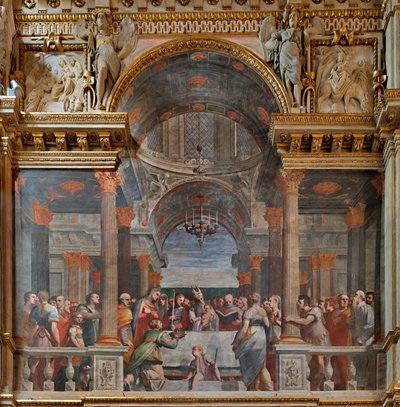 Genua, Duomo (St. Laurentius-Kathedrale), innen, Lercari-Kapelle oder Kapelle des Allerheiligsten Sakraments (nördliche Apsis), Nordseite: "Darstellung im Tempel", Fresko von Luca Cambiaso von Luca Cambiaso
