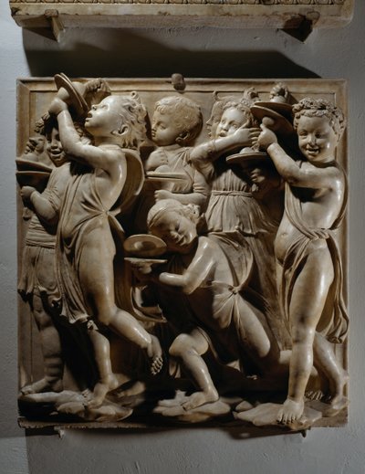 Laudate Eum in cimbalis iubilationis (Psalm 150, Laudate Dominum), Tafel mit Becken-Spielern von Luca Della Robbia