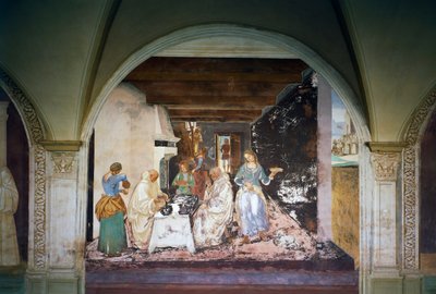 Benedikt sagt zwei Mönchen, wann und wo sie außerhalb des Klosters gegessen haben, Szene aus dem Leben des heiligen Benedikt von Luca Signorelli