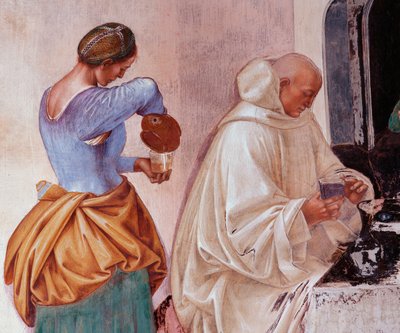Benedikt sagte den Mönchen, wo und wann sie außerhalb des Klosters aßen (Detail). Kreuzgangfresko von Luca Signorelli (ca. 1445-1523), das das Leben des heiligen Benedikt von Nursia (480 - 567) erzählt, Gründer des Benediktinerordens 1497-1498 Abtei von Mo von Luca Signorelli