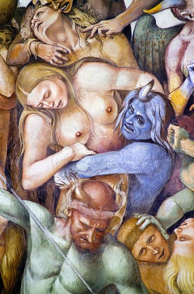 Verdammte in der Hölle, Selbstporträt von Luca Signorelli als blauer Dämon (Detail) von Luca Signorelli