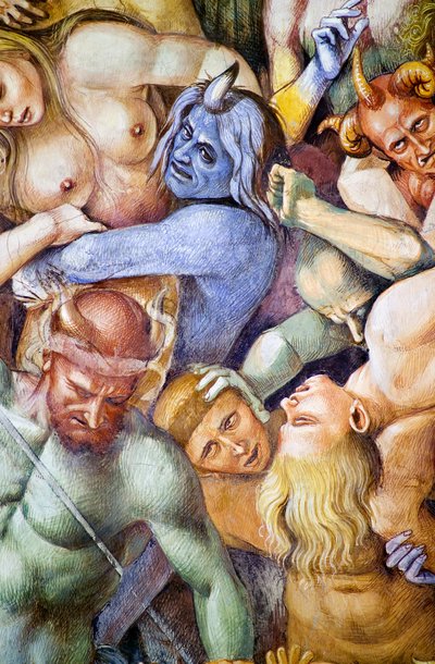 Verdammte in der Hölle, Selbstporträt von Luca Signorelli als blauer Dämon (Detail) von Luca Signorelli
