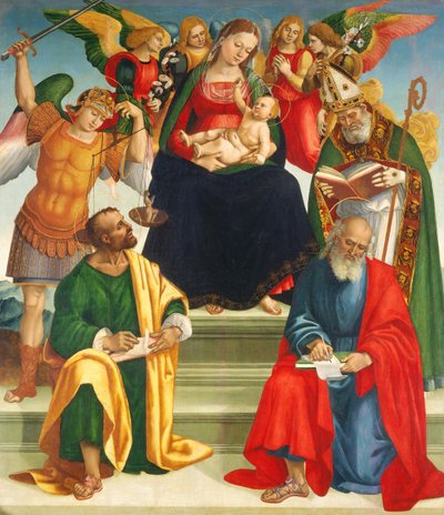 Madonna und Kind mit Heiligen und Engeln, Mitte oder Ende der 1510er Jahre von Luca Signorelli