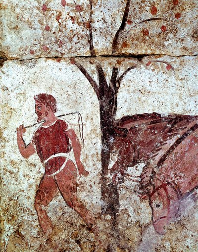 Ein Bauer zieht zwei Pferde. Lukanisches Fresko aus dem 4. Jahrhundert v. Chr., aus der Nekropole von Paestum, Italien von Lucanian School