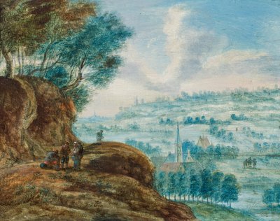 Figuren auf einer Straße über einer weiten Landschaft von Lucas van (attr.to) Uden