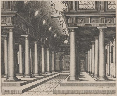 Eine Halle mit Tonnengewölbe von Lucas van Doetechum and Johannes
