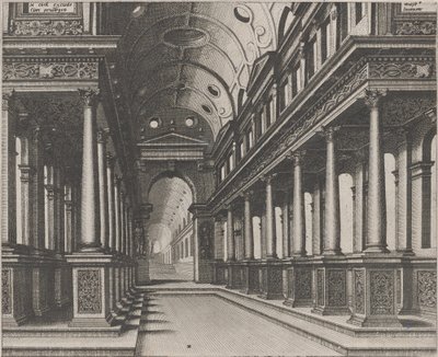 Innenraum einer Kirche mit einer Statue im Hintergrund von Lucas van Doetechum and Johannes