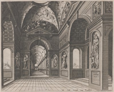 Innenraum einer kreuzgewölbten Halle mit Grotesken von Lucas van Doetechum and Johannes