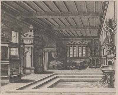 Innenraum mit Buffet, Eingangsportal und Baldachinbett von Lucas van Doetechum and Johannes