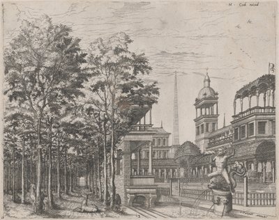 Landschaft mit Bäumen, zwei Hirschen und einem Palasthof von Lucas van Doetechum and Johannes