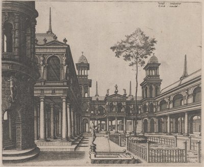 Platz mit einem runden Gebäude links und einem Obelisken im Hintergrund von Lucas van Doetechum and Johannes