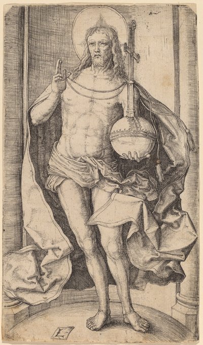 Der Erlöser mit Globus und Kreuz in der linken Hand von Lucas van Leyden