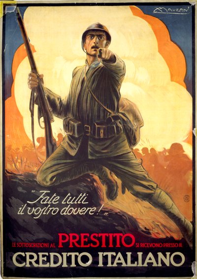 Italienisches WWI-Propagandaposter zur Werbung für Kriegsanleihen von Luciano Achille Mauzan