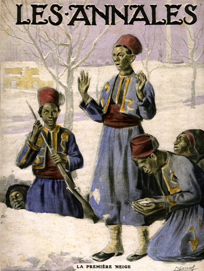 Der erste Schnee: Eine Gruppe senegalesischer Scharmützler entdeckt den Schnee (Gravur) von Lucien Hector Jonas