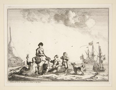 Hafen mit Seeleuten und einem Fischhändler von Ludolf Backhuysen