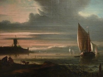 Meeresufer mit Segelbooten und Windmühle (Detail) von Ludolf Bakhuizen