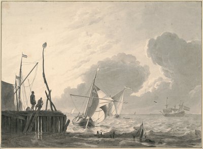 Hafen am Meer bei aufziehendem Gewitter von Ludolf Bakhuizen