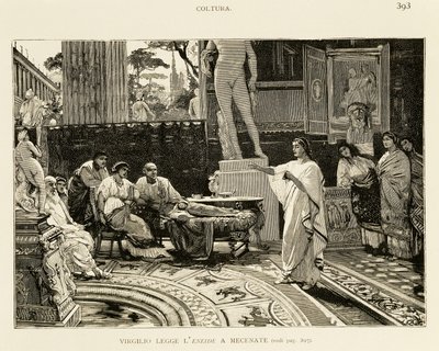 Maecenas hört Virgil beim Vorlesen der Aeneis zu, Illustration von Lodovico Pogliaghi für Frühgeschichte Roms von Francesco Bertolini, Fratelli Treves Ausgabe, Mailand von Ludovico Pogliaghi