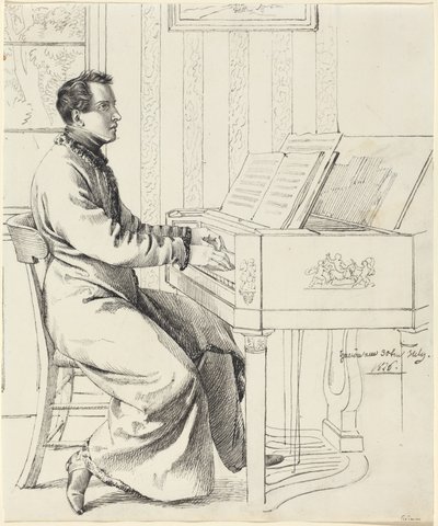 Der Schwager des Künstlers, Ludwig Hassenpflug, bereitet sich darauf vor, Klavier zu spielen von Ludwig Emil Grimm