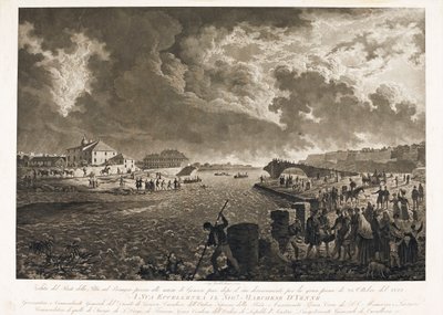 Ansicht der Brücke Pila in Genua nach der Überschwemmung des Bisagno-Bachs am 26.10.1822 (Radierung, ca. 1822) von Luigi Garibbo