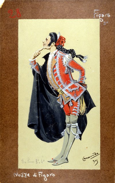 Darstellung der Figur des Figaro, „Die Hochzeit des Figaro“ von Wolfgang Amadeus Mozart, 1786. Kostüm von Luigi Sapelli Caramba (1865-1936) von Luigi Sapelli Caramba