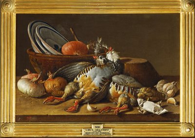 Stillleben mit zwei Rebhühnern, Zwiebeln und Küchenutensilien von Luis Menendez or Melendez