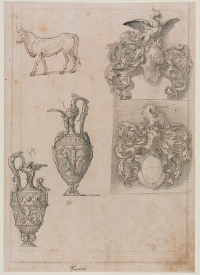 Entwurf für zwei Vasen, zwei Wappen und einen Stier recto, Mitte 1500er Jahre von Luzio Romano