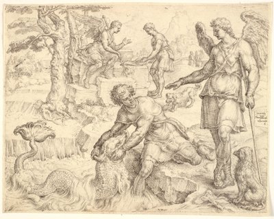Tobias fängt den Fisch im Fluss Tigris von Maarten van Heemskerck