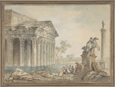 Architektonische Capriccio mit römischen Denkmälern und Wäscherinnen von Manner of Hubert Robert
