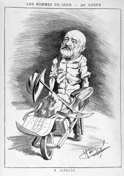 Transformationen von Paris unter dem Zweiten Kaiserreich, Haussmann-Paris: Humoristische Zeichnung, die Jean Charles Adolphe Alphand (1817-1891), Ingenieur, darstellt. Er nahm an der Renovierung von Paris unter der Leitung von Baron Haussmann zwischen 1852 von Manuel Luque