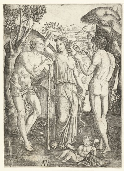 Junge Frau mit Blätterkranz zwischen altem Mann mit Stock und jungem Mann mit Drache und Kind von Marcantonio Raimondi
