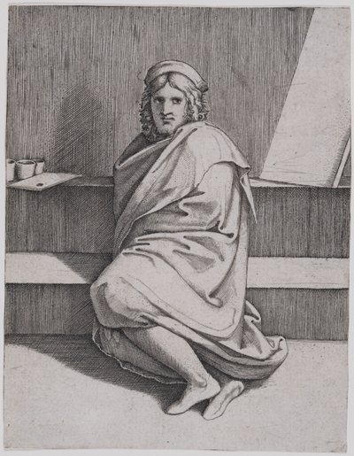 Porträt von Raphael, sitzend von Marcantonio Raimondi