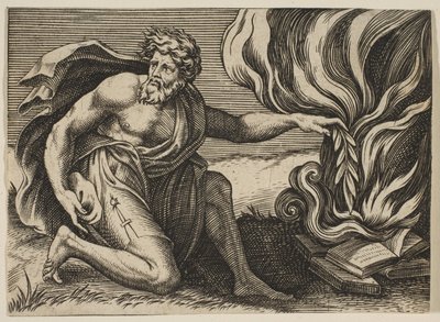 Ein Mann kniet und legt einen Lorbeerzweig auf einen Haufen brennender Bücher, ca. 1515-27 von Marco Dente