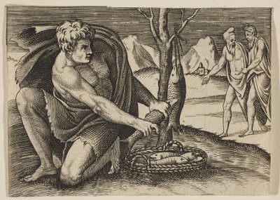 Ein Mann kniet neben einem Korb mit Fischen und nimmt einen mit beiden Händen, zwei Männer bei..., ca. 1515-27 von Marco Dente