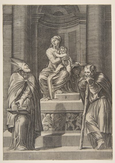 Heiliger Josef links und ein Bischof rechts vor dem Altar der Jungfrau..., ca. 1515-27 von Marco Dente