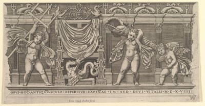 Speculum Romanae Magnificentiae: Basrelief mit drei Cupidos, 1519 von Marco Dente